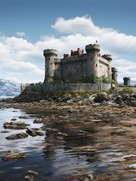 Foto un castillo se encuentra en la orilla de un lago con una montaña en el fondo