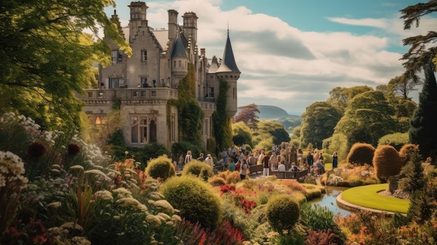 el castillo es un castillo con un jardín y una vista del lago.