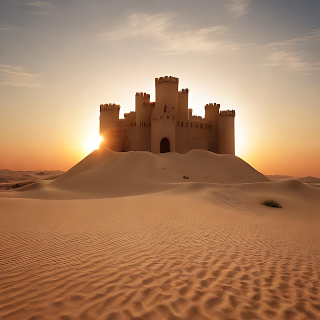 un castillo está en la arena con el sol poniéndose detrás de él