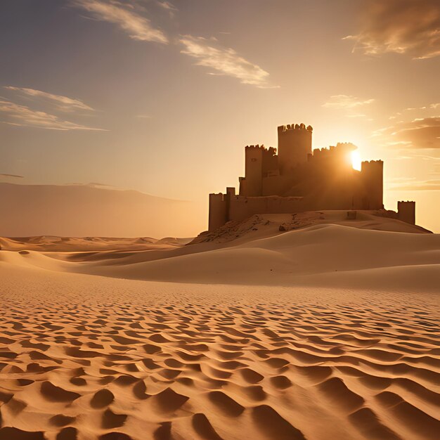 un castillo está en la arena con el sol poniéndose detrás de él