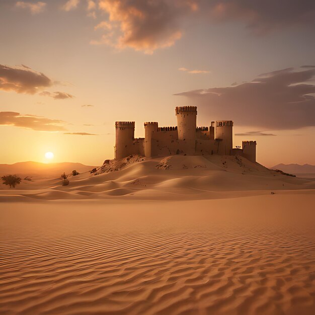 un castillo está en una duna de arena con el sol poniéndose detrás de él