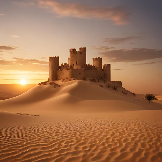un castillo está en una duna de arena con el sol poniéndose detrás de él