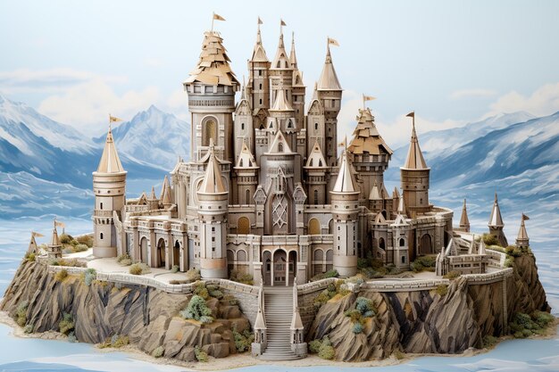 Castillo de fantasía en 3D frente a las montañas Ilustración en 3D Generado por Ai