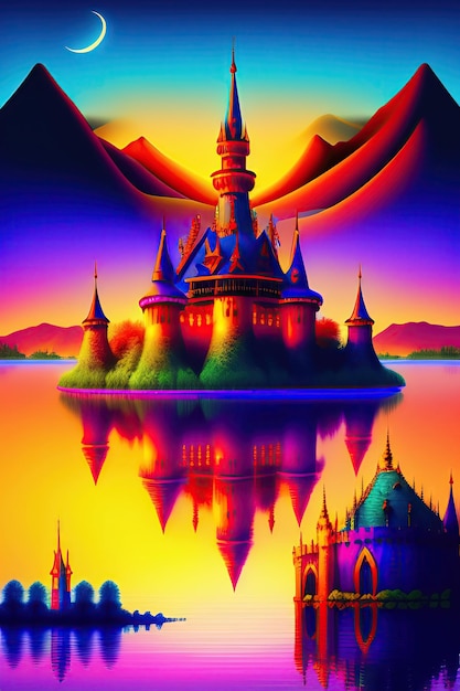 Castillo de fantasía tierra de cuento de hadas abstracta en un lago con montañas Mundo mágico al atardecer