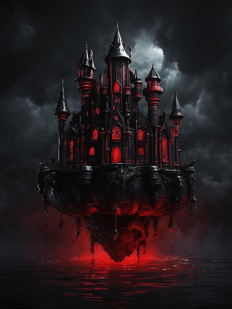 Foto un castillo flotante negro y rojo en un oscuro ai generado