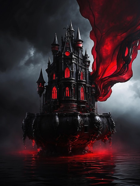 Foto un castillo flotante negro y rojo en un oscuro ai generado