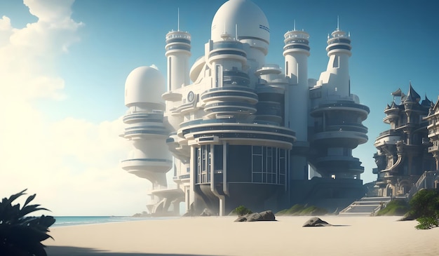 Castillo futurista moderno en el fondo de la playa IA generativa