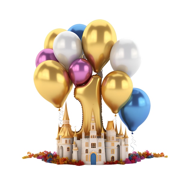 Foto castillo con globos aislado sobre fondo blanco 3d rendering