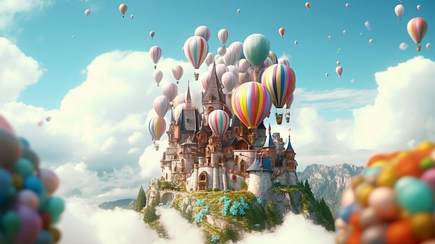 Un castillo con globos en el cielo