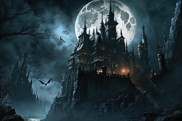 Castillo gótico oscuro de fantasía de una ciudad de vampiros