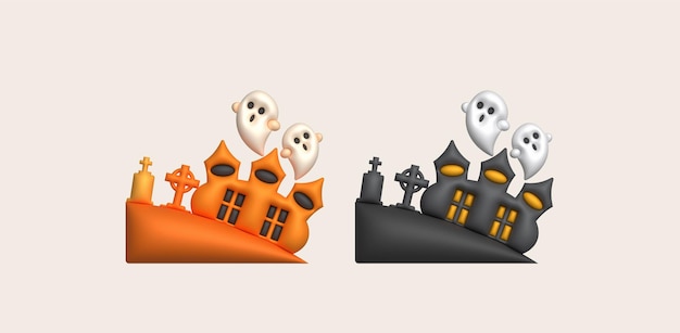 Castillo de Halloween de ilustración 3D con una lápida y un pequeño fantasma lindo