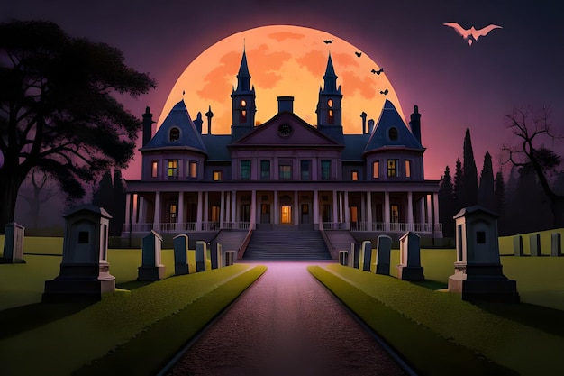 Un castillo de Halloween con una luna llena en el fondo