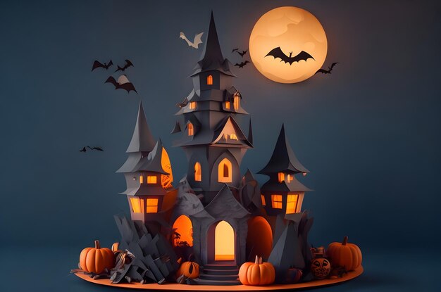 Castillo de Halloween negro en un podio de estilo de arte de papel de fondo generado por ai