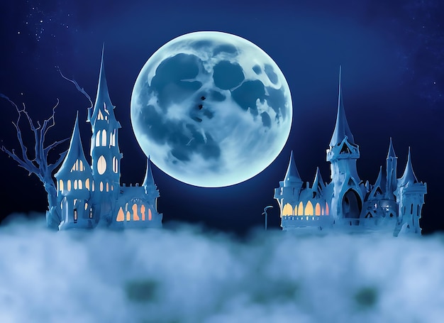 Castillo de Halloween y una pancarta o cartel de luna llena en tono azul de fondo