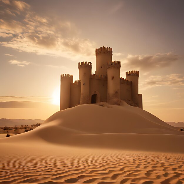 un castillo hecho de arena está en la arena al atardecer