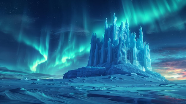 Un castillo hecho de hielo brillando bajo la aurora boreal