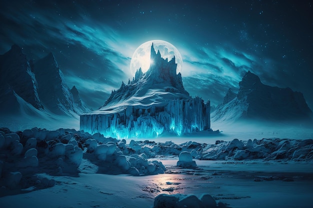 Castillo de hielo glacial épico en un campo de nieve en la noche