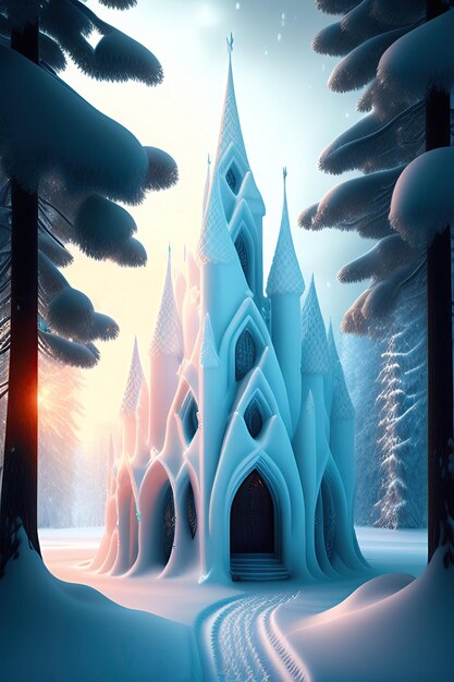 Castillo de Hielo Mágico en el bosque nevado Ilustración de arte digital en 3D