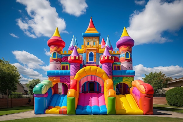 Un castillo hinchable al aire libre muy colorido Generative Ai