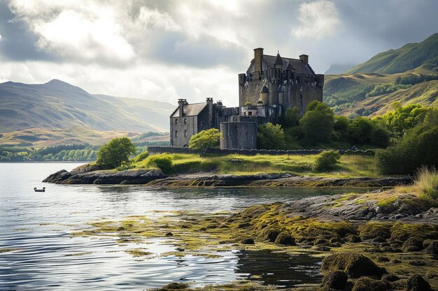 Un castillo histórico con vistas a un lago escocés generado por la IA