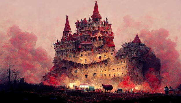 Castillo con ilustración de arte conceptual de humo rosa
