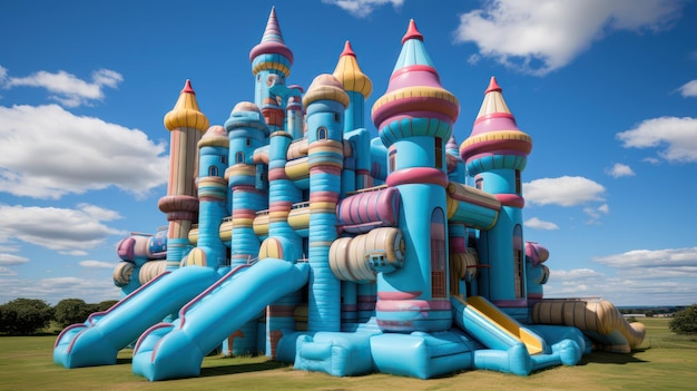 Castillo inflable de colores con cielo azul.