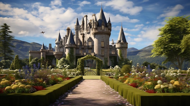 Foto castillo de inveraray y jardín con cielo azul