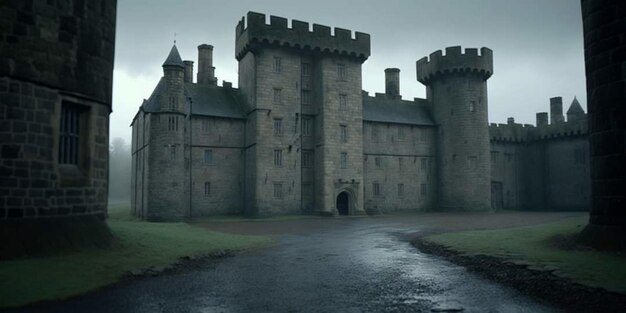 Foto un castillo en irlanda con un cielo azul oscuro detrás.