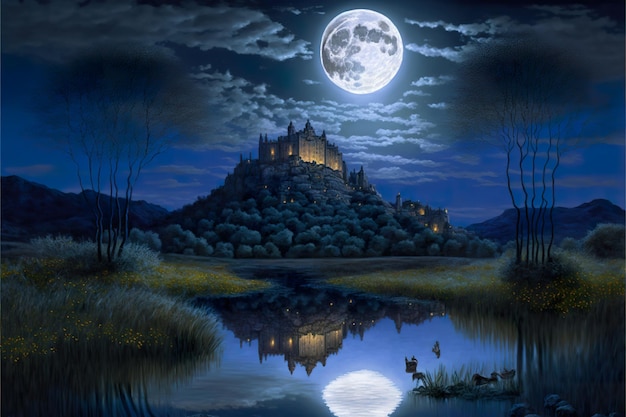 Castillo junto al río bajo la luna