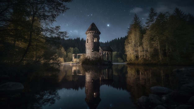 Un castillo en un lago con un cielo estrellado de fondo