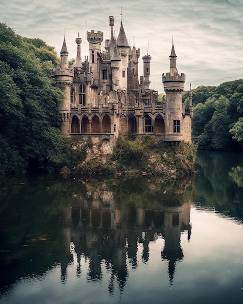 Un castillo en un lago con un cielo nublado al fondo
