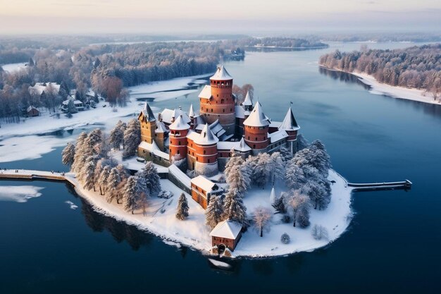 un castillo en un lago en invierno