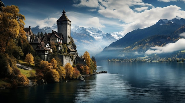 Castillo en un lago con un lago al fondo