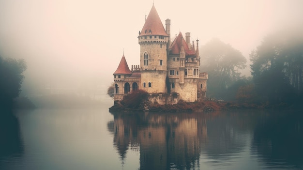 Castillo en un lago en la niebla