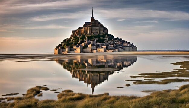 Foto un castillo en un lago con una puesta de sol en el fondo