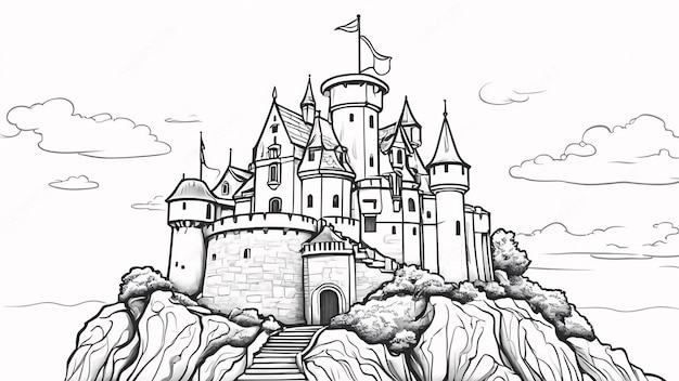 Castillo en la línea de las Montañas Rocosas Arte dibujado a mano Kawaii Ilustración de libro de colorear