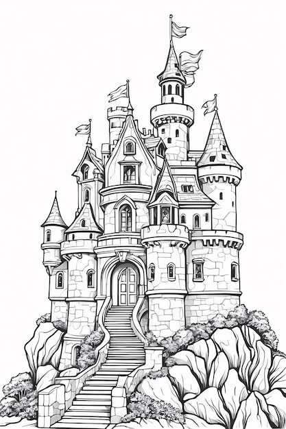 Castillo en la línea de las Montañas Rocosas Arte dibujado a mano Kawaii Ilustración de libro de colorear