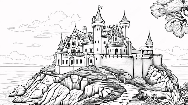 Castillo en la línea de las Montañas Rocosas Arte dibujado a mano Kawaii Ilustración de libro de colorear
