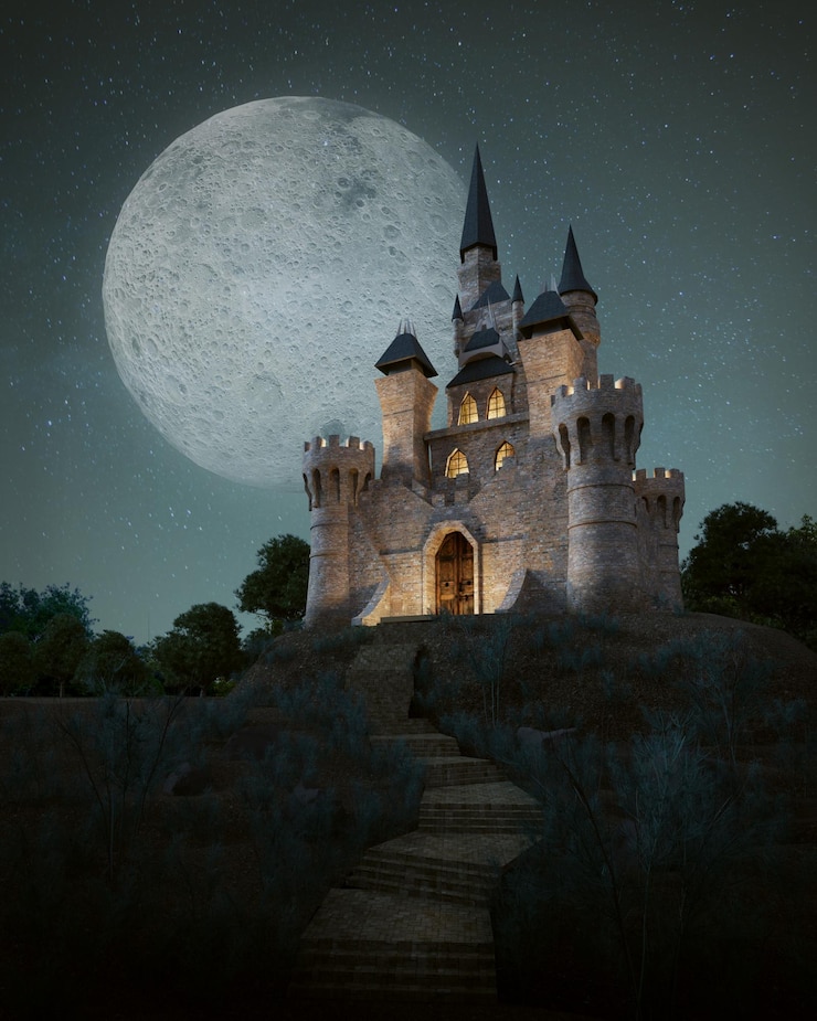 Castillo con luna llena en el cielo nocturno.