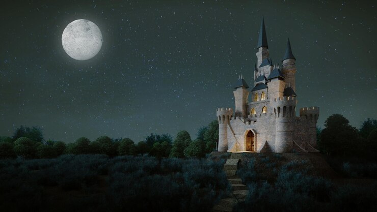 Castillo con luna llena en el cielo nocturno.