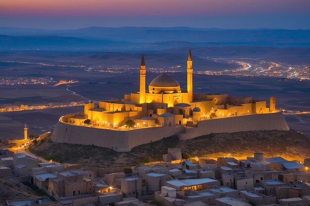 un castillo con una luz en la parte superior está iluminado por la noche