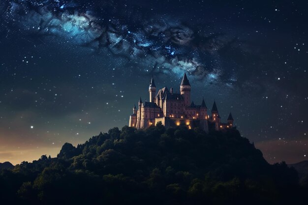 Castillo mágico en el cielo nocturno con estrellas y nubes