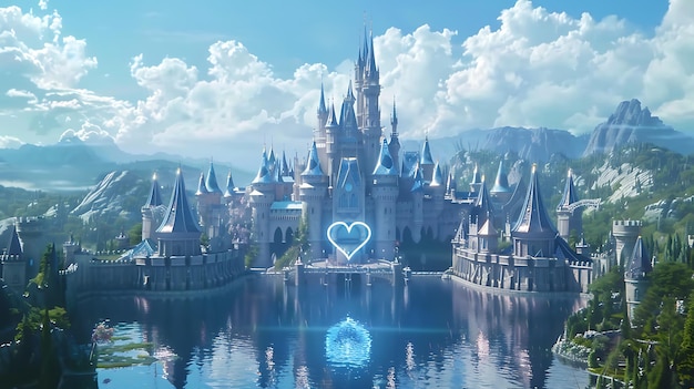 Un castillo mágico con un foso en forma de corazón y un hermoso paisaje de montañas y cielos azules