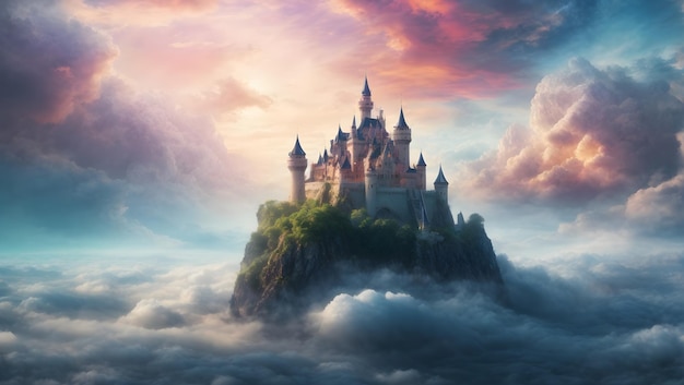 Foto castillo mágico en las nubes paisaje fantástico de fantasía