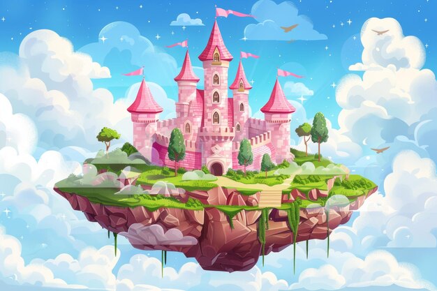 Un castillo mágico rosa en una isla flotante en el cielo con nubes esponjosas Una escena de verano de fantasía con un palacio real y piezas de tierra voladoras y hierba verde en el cielo Ilustración moderna de dibujos animados