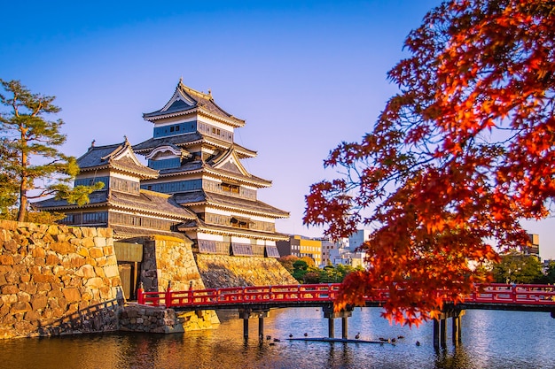 Foto castillo de matsumoto con hojas de arce en otoño en nagano, japón