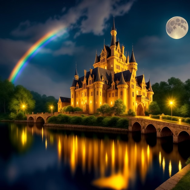 Foto castillo medieval de fantasía en el río ia generativa
