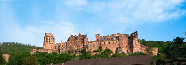 Castillo medieval de Heidelberg ruinas de piedra arenisca roja torre se eleva majestuosamente sobre el valle del río Neckar