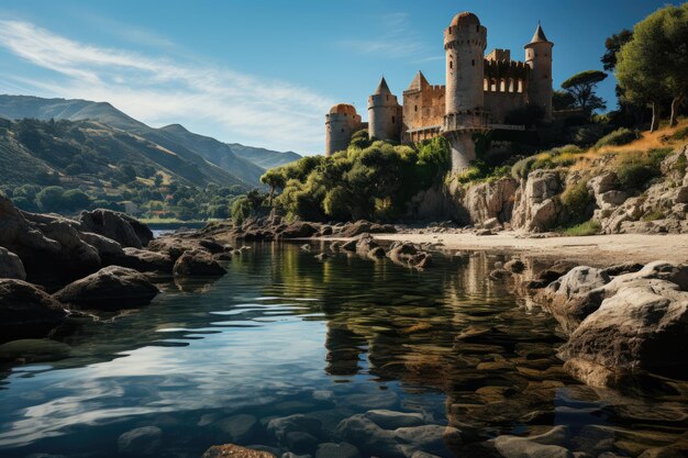 Castillo medieval junto al lago en Sicilia IA generativa