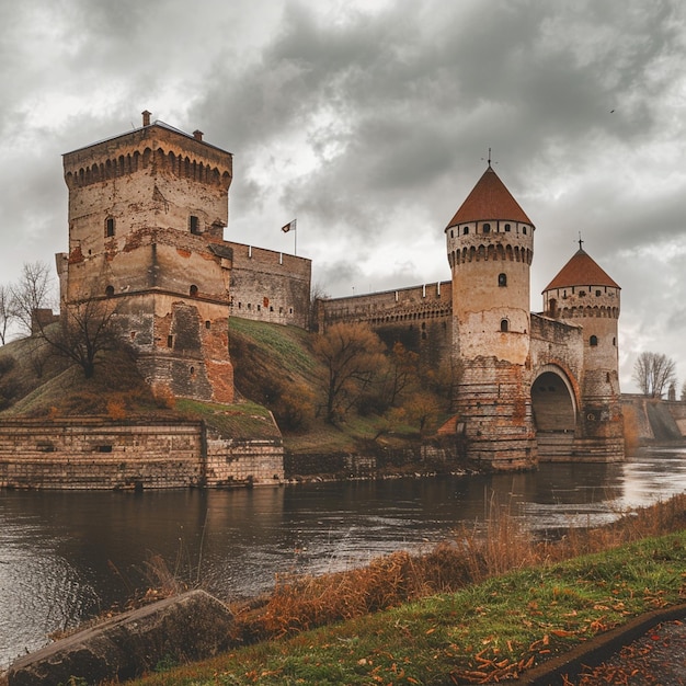 El castillo medieval de Narva en un día nublado en la cima de la colina con vista al río